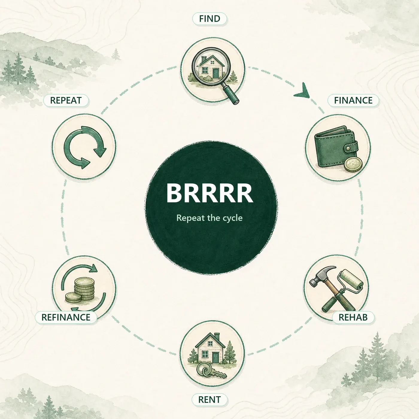 The six-step BRRRR cycle arranged in a ring: Find, Finance, Rehab, Rent, Refinance, then Repeat back to Find.