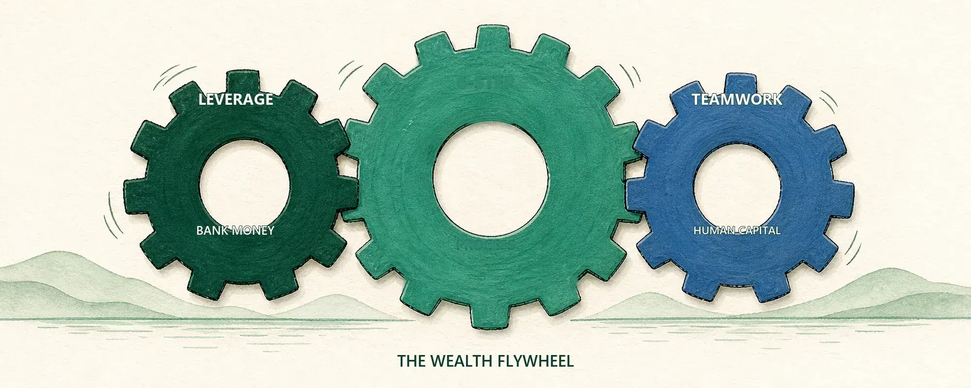 Three interlocking gears: leverage using bank money, the six-step process, and teamwork using human capital — combine all three and the process runs automatically.