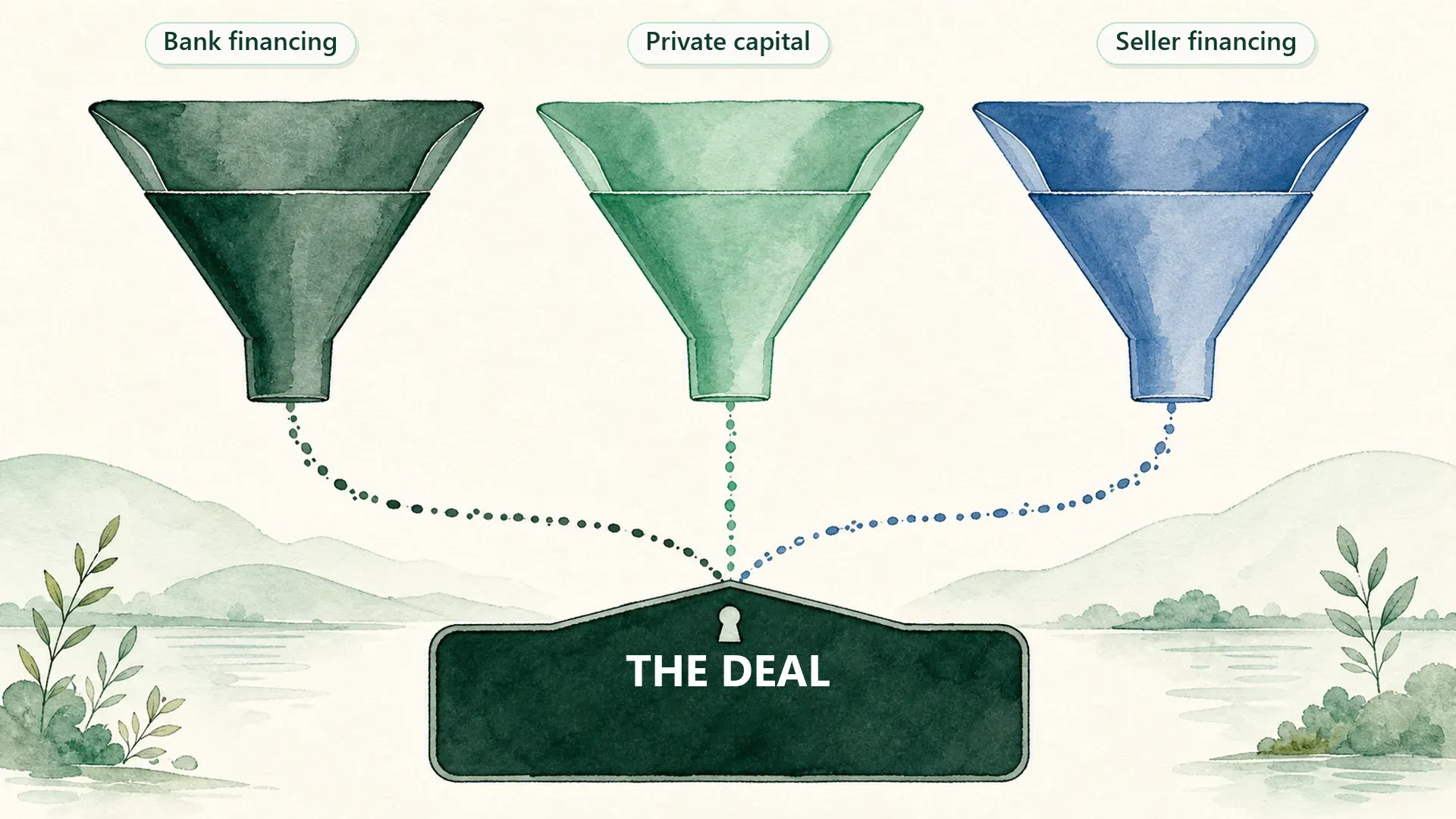 Three funding channels — bank financing, private capital, and seller financing — all feeding into one deal.